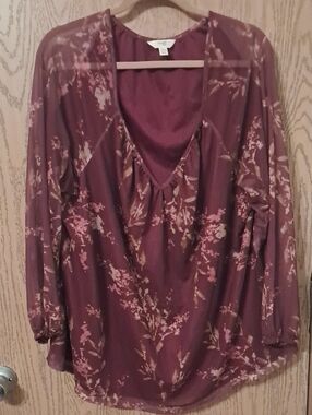Terra & Sky Mauve Floral V-Neck Long Sleeve Blouse